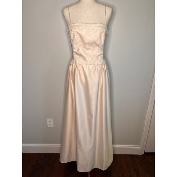 90s Bridal Originals Light Pink Floral Hoco Prom Formal Bows Satin Maxi Dress M - Picture 1 of 8